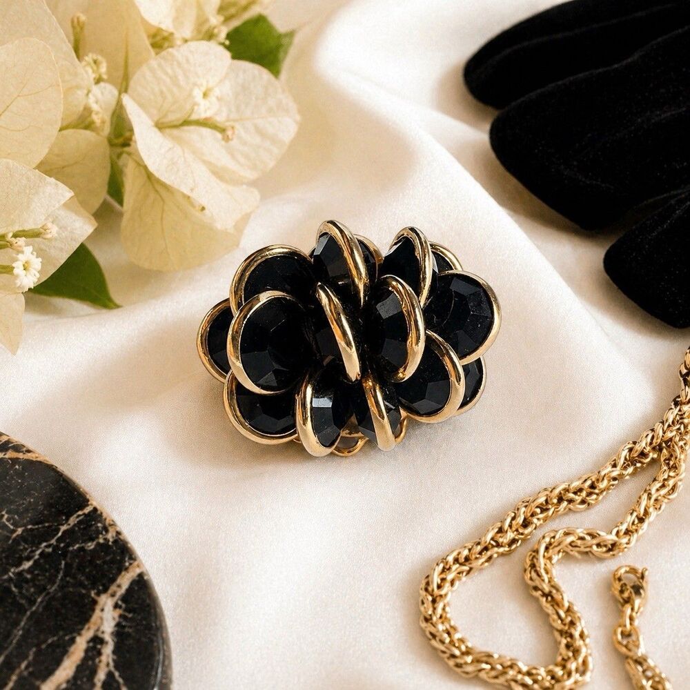 Vintage Black Glass Cluster Brooch Gold Tone Prong Set Domed Cocktail Pin Statem